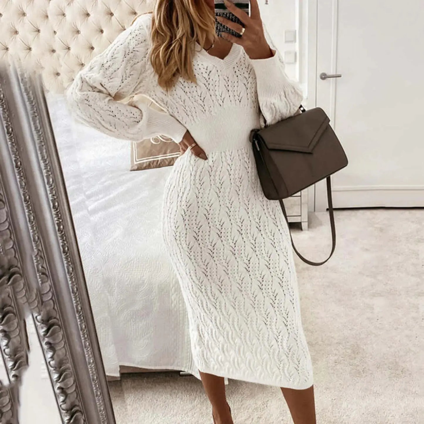 Elegant Beige Knitted Sweater Dress
