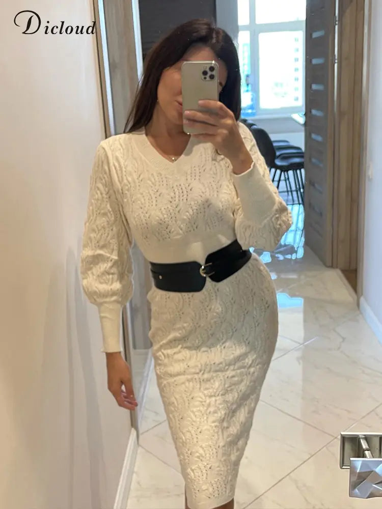 Elegant Beige Knitted Sweater Dress
