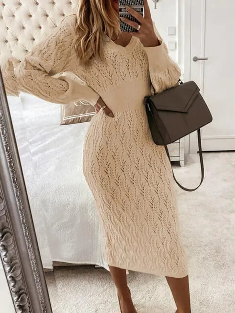Elegant Beige Knitted Sweater Dress