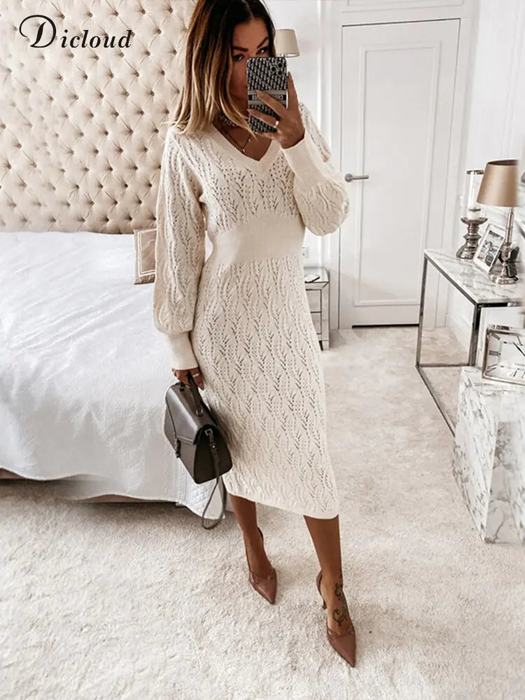 Elegant Beige Knitted Sweater Dress