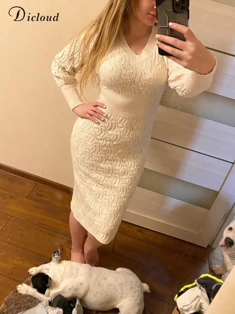 Elegant Beige Knitted Sweater Dress