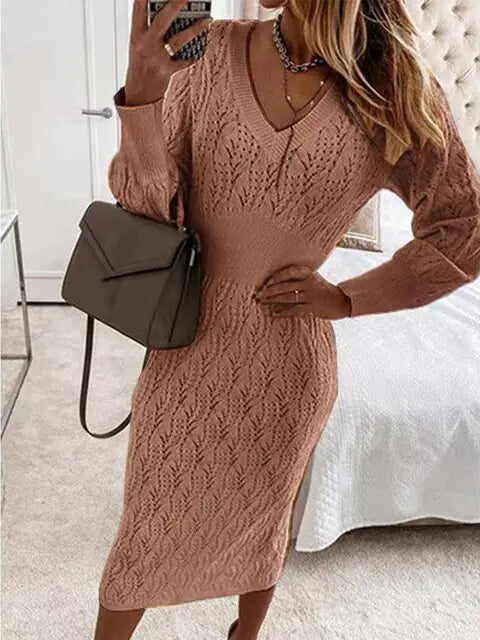 Elegant Beige Knitted Sweater Dress