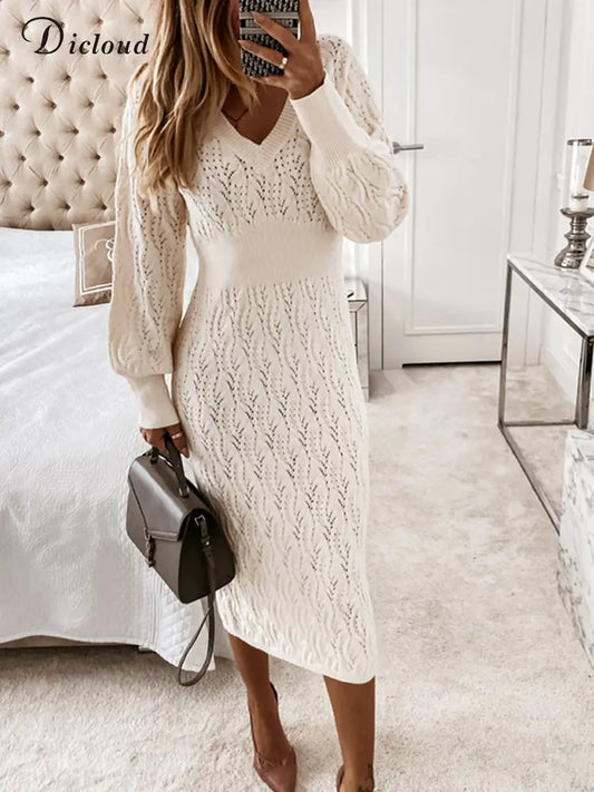 Elegant Beige Knitted Sweater Dress